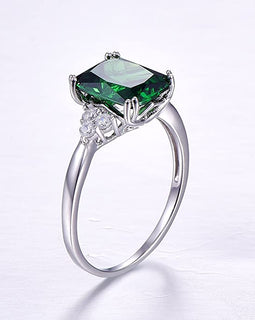 BONLAVIE Women's 5.3ct Emerald Cut Created Green Emerald 925 Sterling Silver Engagement Ring