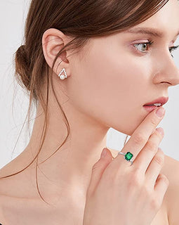 BONLAVIE Women's 5.3ct Emerald Cut Created Green Emerald 925 Sterling Silver Engagement Ring