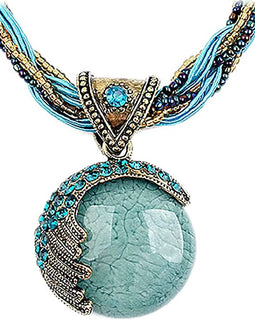 Lady Retro Vintage Bohemian Style Turquoise Rhinestone Pendant Collar Chain Necklace Fashion Jewelry
