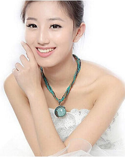 Lady Retro Vintage Bohemian Style Turquoise Rhinestone Pendant Collar Chain Necklace Fashion Jewelry