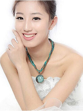 Lady Retro Vintage Bohemian Style Turquoise Rhinestone Pendant Collar Chain Necklace Fashion Jewelry