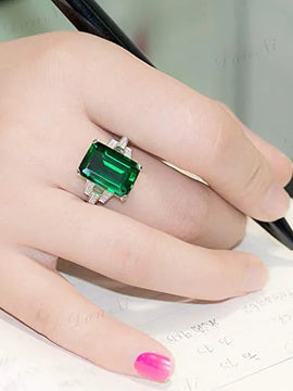 Women's 5ct Birthstone Solitaire Engagement Ring Emerald Cut Created Green Emerald 925 Sterling Silver Engagement